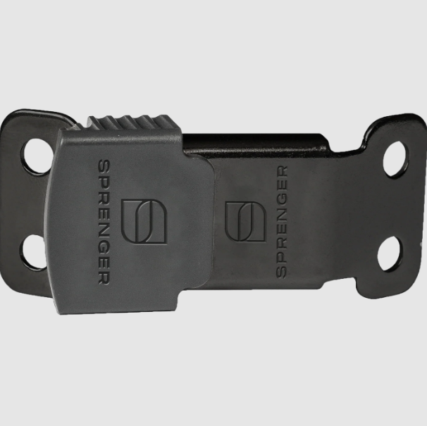 Black metal latch with 'Sprenger' branding on a gray background